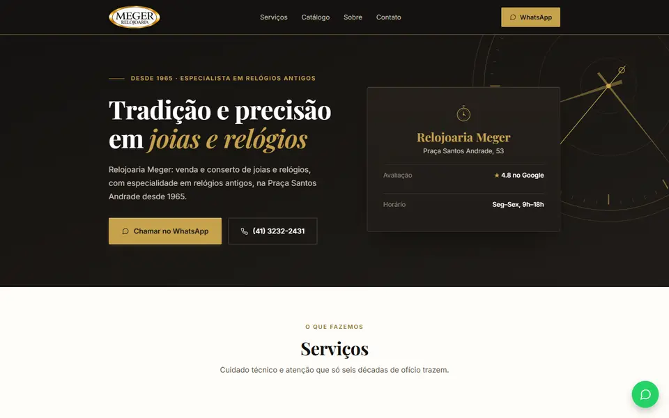 Primeira tela do site Relojoaria Meger no computador